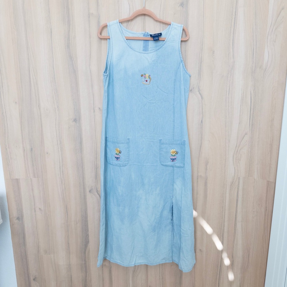 Vintage Embroidered Denim Maxi Dress L Blue Floral Sleeveless Country Farm Retro